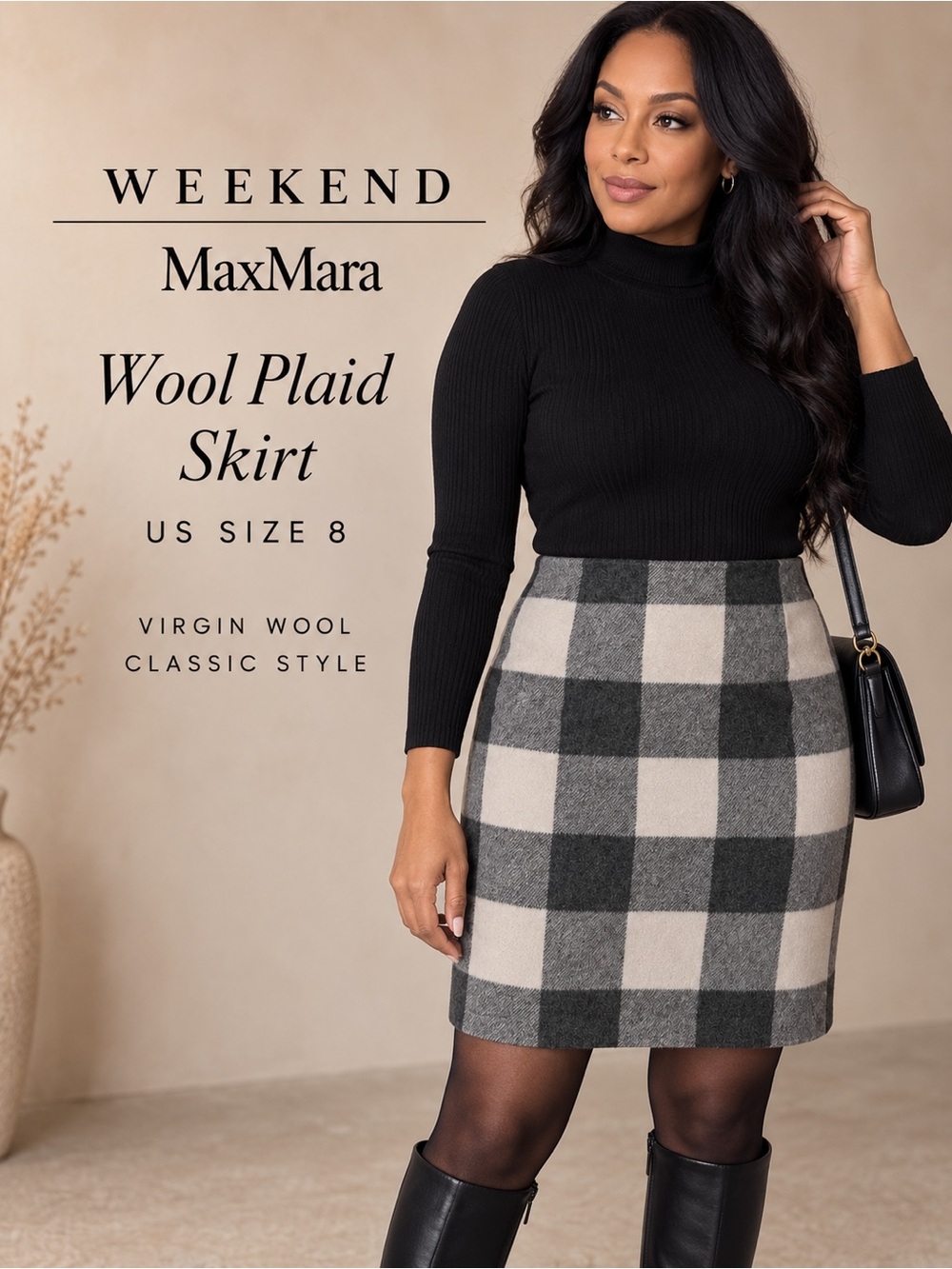 Weekend Max Mara Virgin Wool Plaid Mini Skirt Gray Ivory US 8